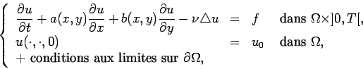 \begin{displaymath}
\left\{
\begin{array}{lcll}
\displaystyle \frac{ \partial{u}...
...onditions aux limites sur }\partial \Omega,
\end{array}\right.
\end{displaymath}